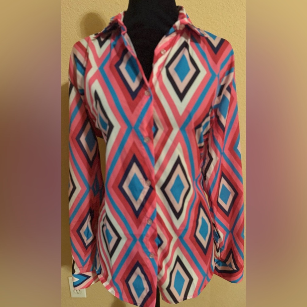 Polo Bonetta Bright Groovy Multi Color Long Sleeve Button Down Blouse
